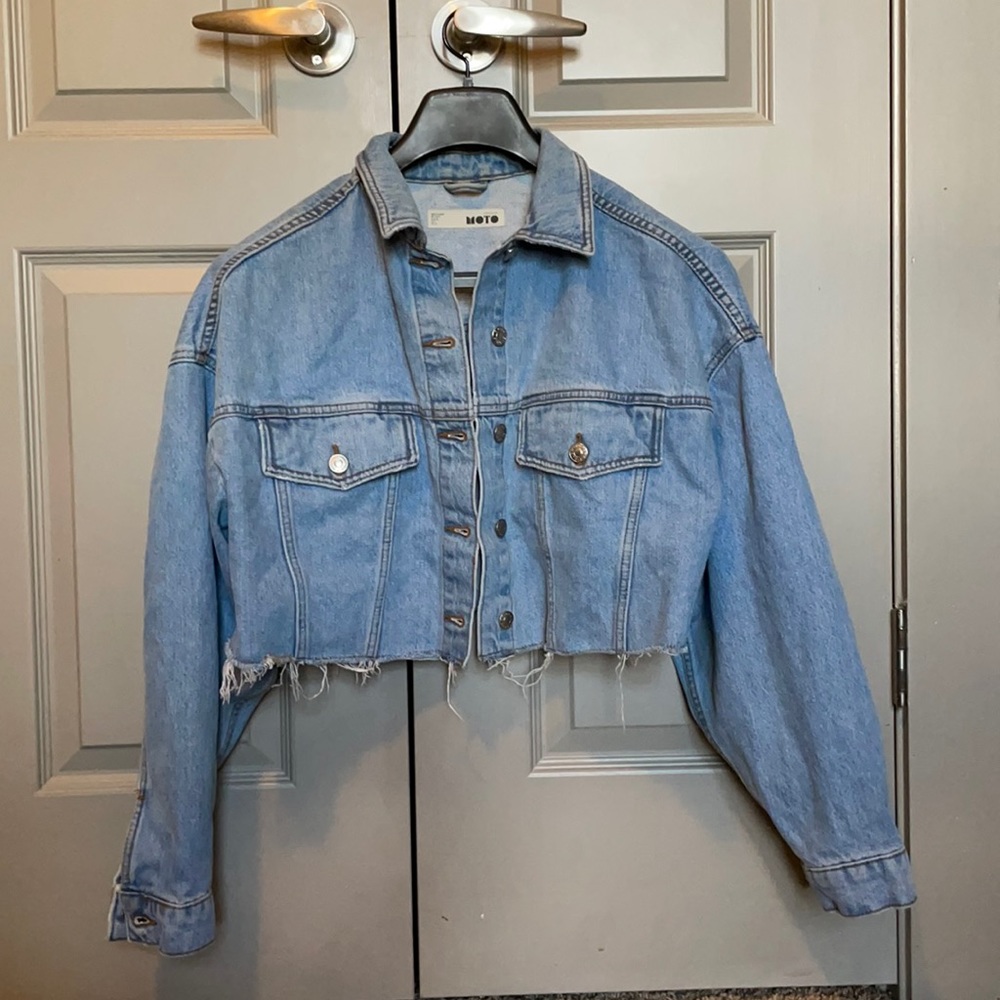 Topshop Moto Cropped Jean Jacket Frayed Hem